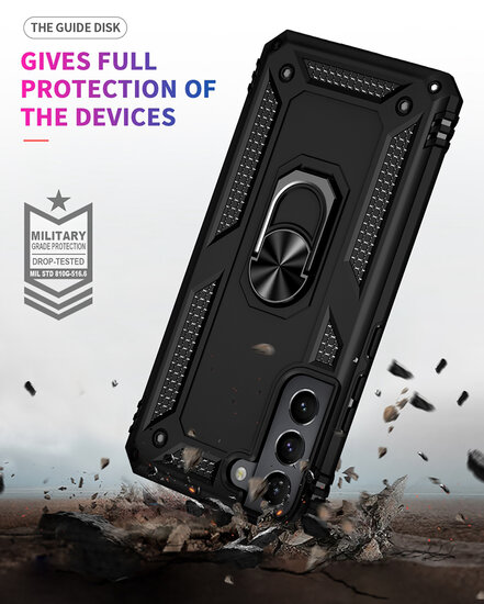 Samsung Galaxy S22 Hoesje - MobyDefend Pantsercase Met Draaibare Ring - Zwart