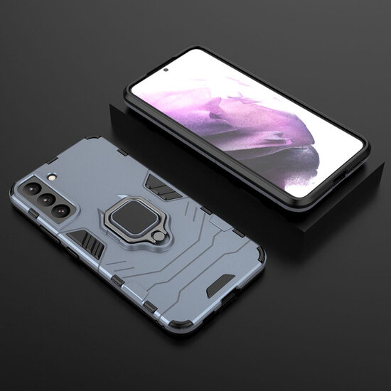Samsung Galaxy S22 Hoesje - MobyDefend Dubbelgelaagde Pantsercase Met Standaard - Navy Blauw