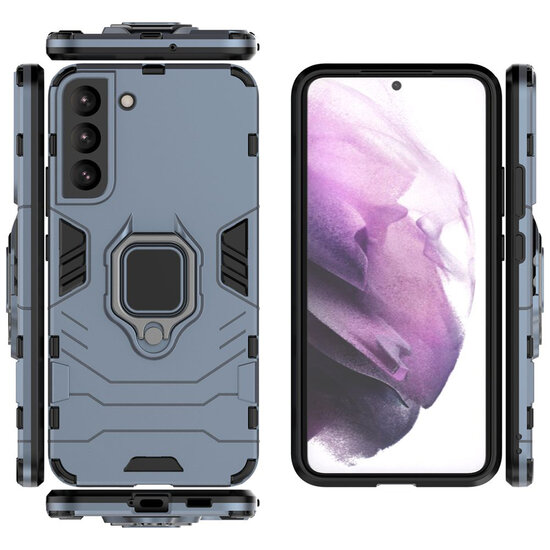 Samsung Galaxy S22 Hoesje - MobyDefend Dubbelgelaagde Pantsercase Met Standaard - Navy Blauw