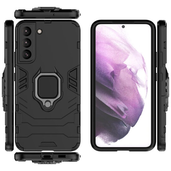 Samsung Galaxy S22 Hoesje - MobyDefend Dubbelgelaagde Pantsercase Met Standaard - Zwart
