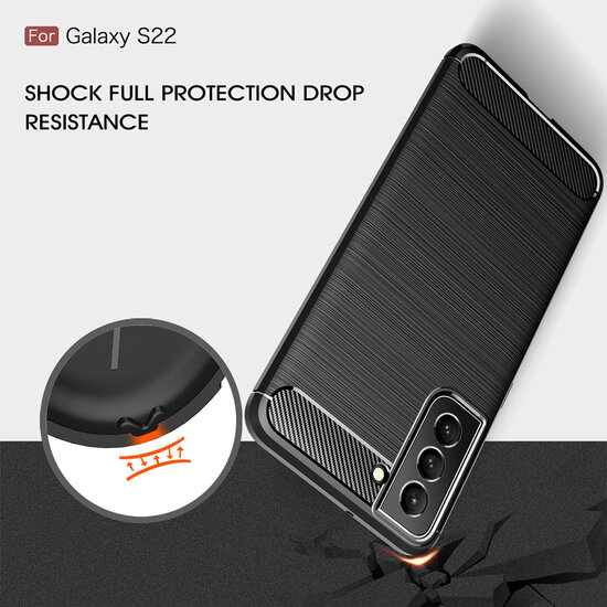 Samsung Galaxy S22 Hoesje - MobyDefend TPU Backcover - Geborstelde Metaal &amp; Carbon-Look - Zwart