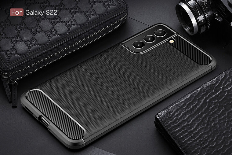 Samsung Galaxy S22 Hoesje - MobyDefend TPU Backcover - Geborstelde Metaal &amp; Carbon-Look - Zwart