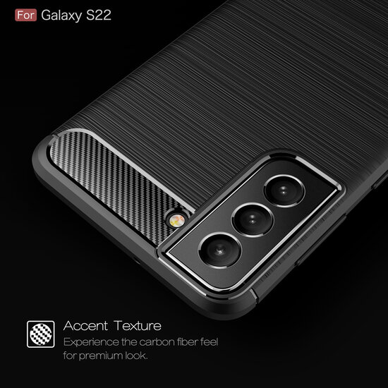 Samsung Galaxy S22 Hoesje - MobyDefend TPU Backcover - Geborstelde Metaal &amp; Carbon-Look - Zwart