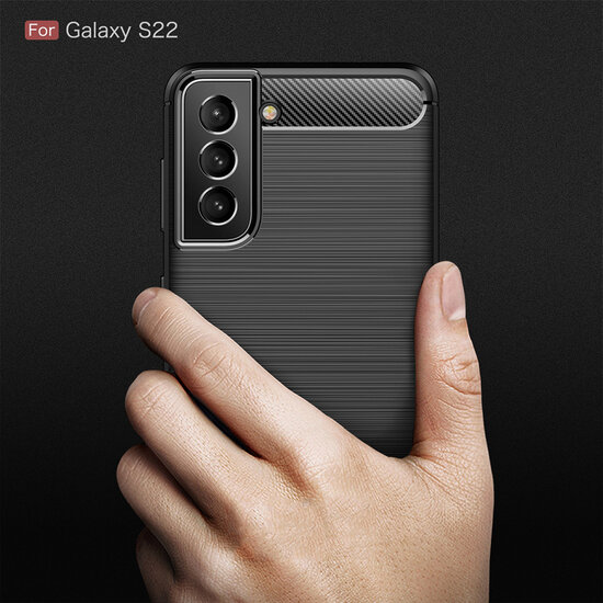Samsung Galaxy S22 Hoesje - MobyDefend TPU Backcover - Geborstelde Metaal &amp; Carbon-Look - Zwart