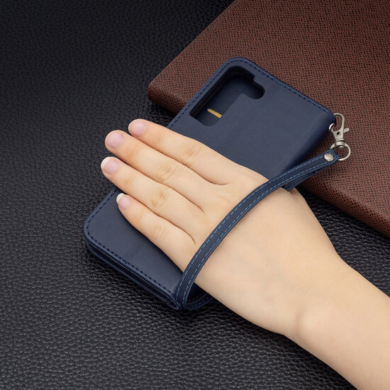 Samsung Galaxy S22 Hoesje - MobyDefend Wallet Book Case Met Koord - Blauw