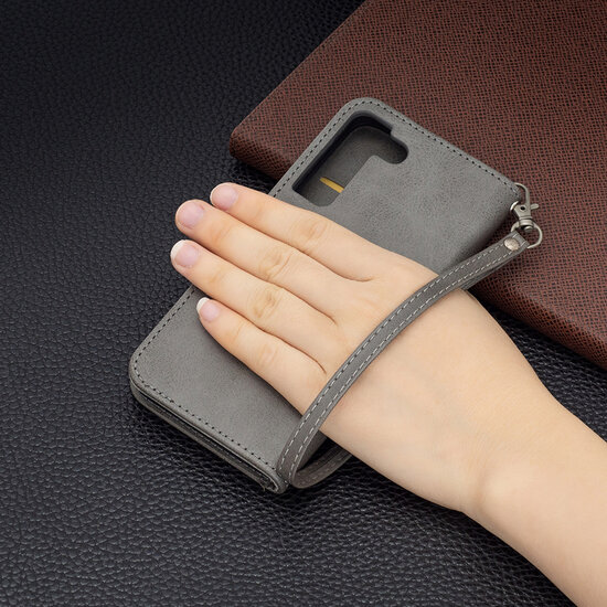 Samsung Galaxy S22 Hoesje - MobyDefend Wallet Book Case Met Koord - Grijs