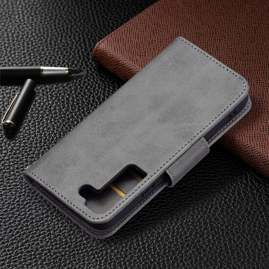 Samsung Galaxy S22 Hoesje - MobyDefend Wallet Book Case Met Koord - Grijs