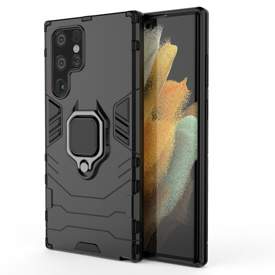 Samsung Galaxy S22 Ultra Hoesje - MobyDefend Dubbelgelaagde Pantsercase Met Standaard - Zwart