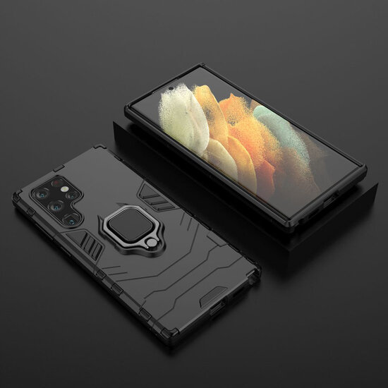 Samsung Galaxy S22 Ultra Hoesje - MobyDefend Dubbelgelaagde Pantsercase Met Standaard - Zwart