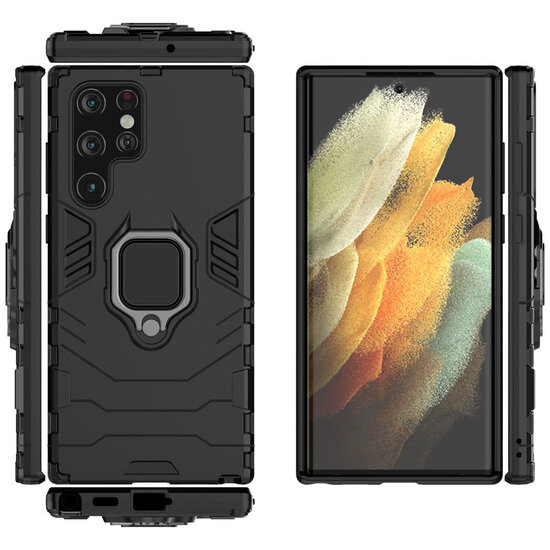 Samsung Galaxy S22 Ultra Hoesje - MobyDefend Dubbelgelaagde Pantsercase Met Standaard - Zwart