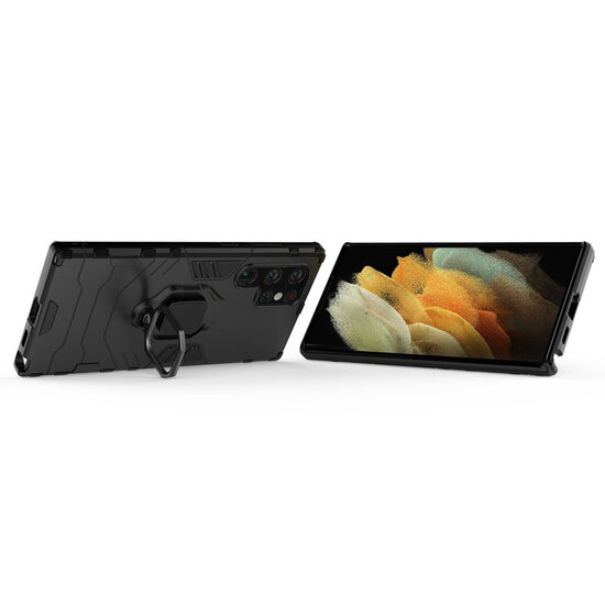 Samsung Galaxy S22 Ultra Hoesje - MobyDefend Dubbelgelaagde Pantsercase Met Standaard - Zwart