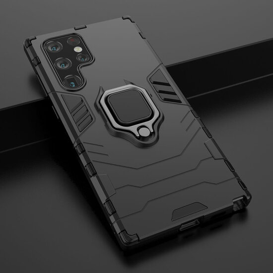 Samsung Galaxy S22 Ultra Hoesje - MobyDefend Dubbelgelaagde Pantsercase Met Standaard - Zwart