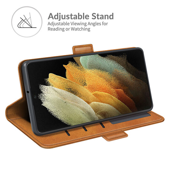 Samsung Galaxy S22 Ultra Hoesje - MobyDefend Luxe Wallet Book Case (Sluiting Zijkant) - Lichtbruin