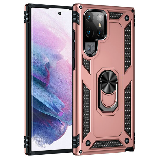 Samsung Galaxy S22 Ultra Hoesje - MobyDefend Pantsercase Met Draaibare Ring - Ros&eacute;