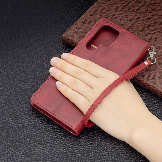 Samsung Galaxy S22 Ultra Hoesje - MobyDefend Wallet Book Case Met Koord - Rood