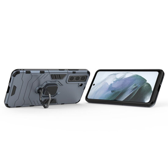 Samsung Galaxy S21 FE Hoesje - MobyDefend Dubbelgelaagde Pantsercase Met Standaard - Navy blauw
