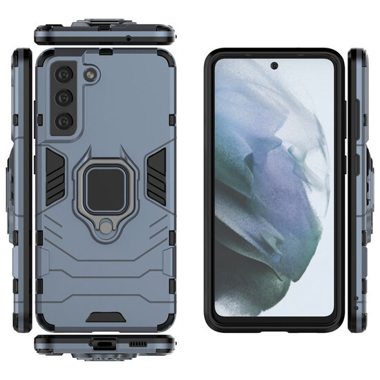Samsung Galaxy S21 FE Hoesje - MobyDefend Dubbelgelaagde Pantsercase Met Standaard - Navy blauw