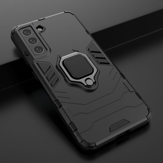 Samsung Galaxy S21 FE Hoesje - MobyDefend Dubbelgelaagde Pantsercase Met Standaard - Zwart