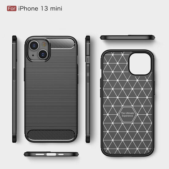 iPhone 13 Mini Hoesje - MobyDefend TPU Backcover - Geborstelde Metaal &amp; Carbon-Look - Zwart