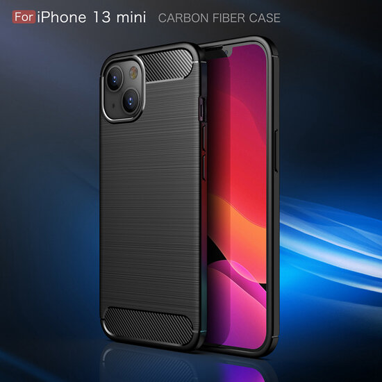 iPhone 13 Mini Hoesje - MobyDefend TPU Backcover - Geborstelde Metaal &amp; Carbon-Look - Zwart