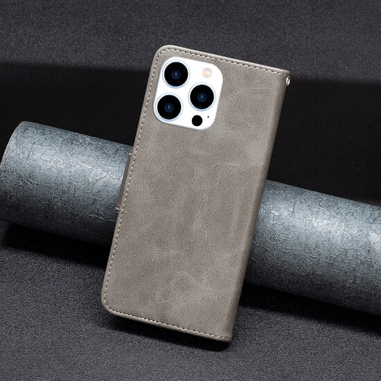 iPhone 14 Pro Hoesje - MobyDefend Wallet Book Case Met Koord - Grijs