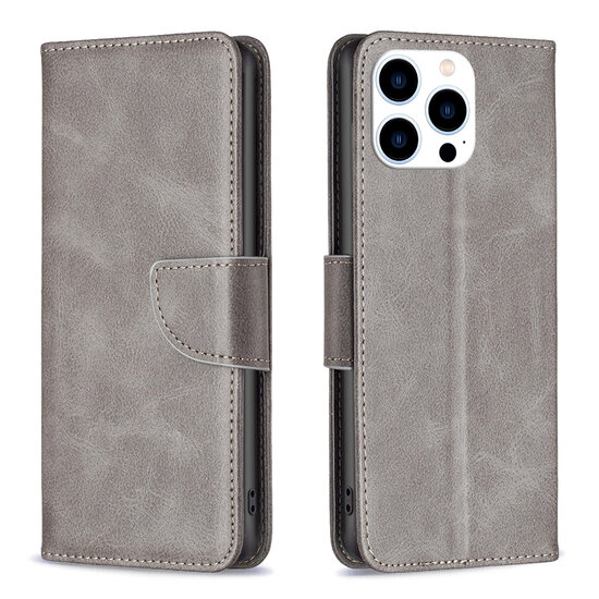 iPhone 14 Pro Hoesje - MobyDefend Wallet Book Case Met Koord - Grijs