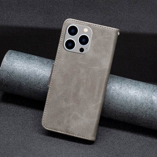 iPhone 14 Pro Max Hoesje - MobyDefend Wallet Book Case Met Koord - Grijs
