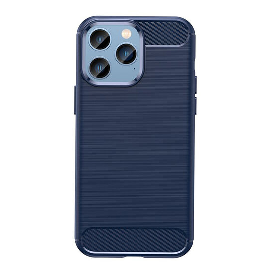 iPhone 14 Pro Max Hoesje - MobyDefend TPU Backcover - Geborstelde Metaal &amp; Carbon-Look - Navy Blauw