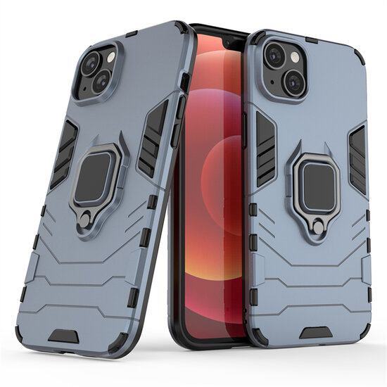 iPhone 14 Plus Hoesje - MobyDefend Dubbelgelaagde Pantsercase Met Standaard - Blauw