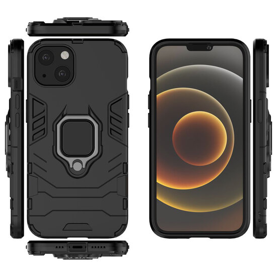 iPhone 13 Hoesje - MobyDefend Dubbelgelaagde Pantsercase Met Standaard - Zwart