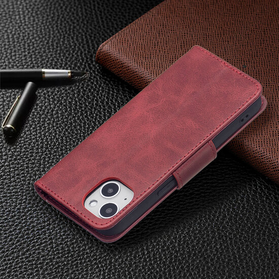 iPhone 13 Hoesje - MobyDefend Wallet Book Case Met Koord - Rood