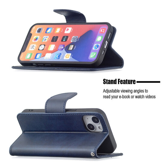 iPhone 13 Hoesje - MobyDefend Wallet Book Case Met Koord - Blauw