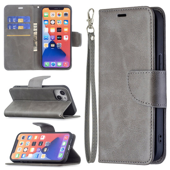 iPhone 13 Hoesje - MobyDefend Wallet Book Case Met Koord - Grijs