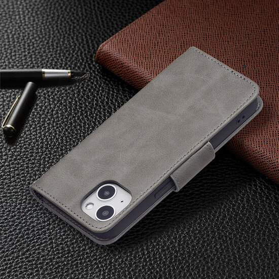 iPhone 13 Hoesje - MobyDefend Wallet Book Case Met Koord - Grijs