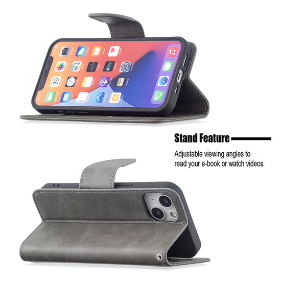 iPhone 13 Hoesje - MobyDefend Wallet Book Case Met Koord - Grijs