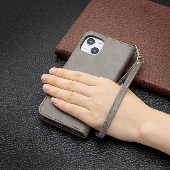 iPhone 13 Hoesje - MobyDefend Wallet Book Case Met Koord - Grijs