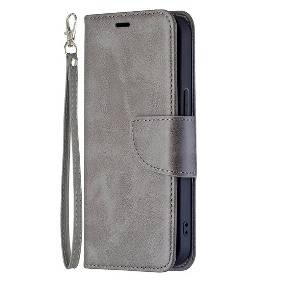iPhone 13 Hoesje - MobyDefend Wallet Book Case Met Koord - Grijs