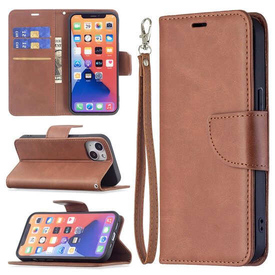 iPhone 13 Hoesje - MobyDefend Wallet Book Case Met Koord - Bruin