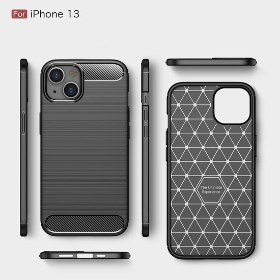 iPhone 13 Hoesje - MobyDefend TPU Backcover - Geborstelde Metaal &amp; Carbon-Look - Navy Blauw