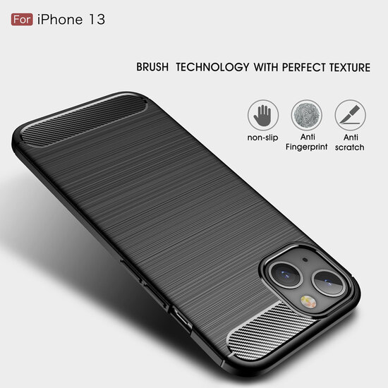 iPhone 13 Hoesje - MobyDefend TPU Backcover - Geborstelde Metaal &amp; Carbon-Look - Zwart