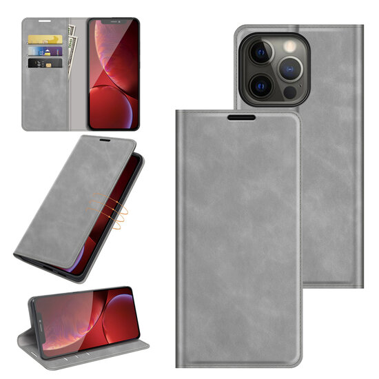 iPhone 13 Pro Hoesje - Luxe Wallet Bookcase (Magnetische Sluiting) - Grijs