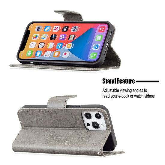 iPhone 13 Pro Hoesje - MobyDefend Wallet Book Case Met Koord - Grijs
