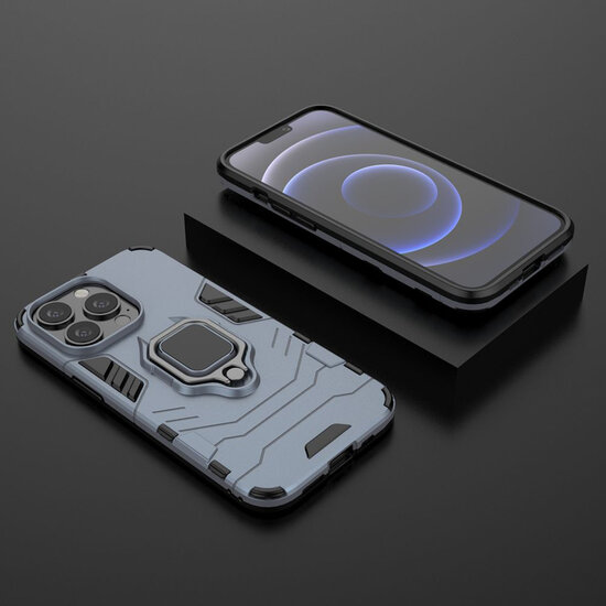 iPhone 13 Pro Hoesje - MobyDefend Dubbelgelaagde Pantsercase Met Standaard - Navy Blauw