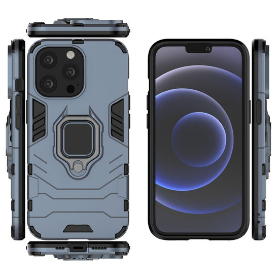 iPhone 13 Pro Hoesje - MobyDefend Dubbelgelaagde Pantsercase Met Standaard - Navy Blauw