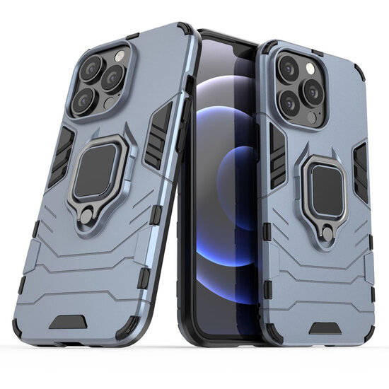 iPhone 13 Pro Hoesje - MobyDefend Dubbelgelaagde Pantsercase Met Standaard - Navy Blauw