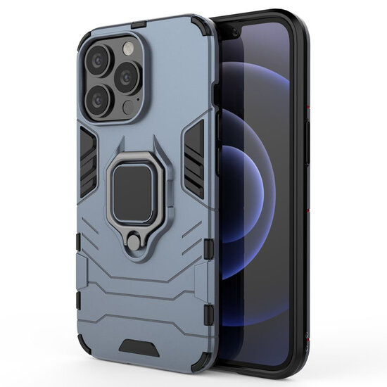 iPhone 13 Pro Hoesje - MobyDefend Dubbelgelaagde Pantsercase Met Standaard - Navy Blauw