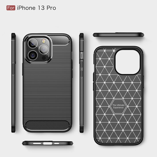 iPhone 13 Pro Hoesje - MobyDefend TPU Backcover - Geborstelde Metaal &amp; Carbon-Look - Zwart
