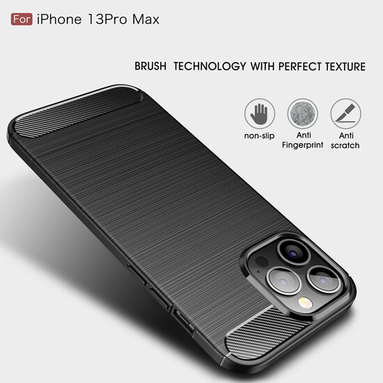 iPhone 13 Pro Max Hoesje - MobyDefend TPU Backcover - Geborstelde Metaal &amp; Carbon-Look - Zwart