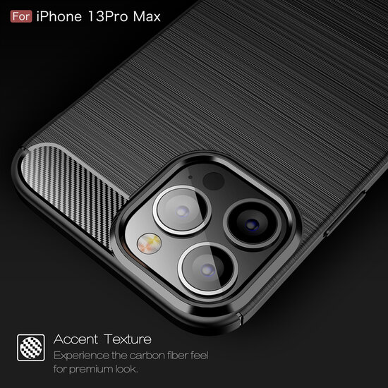 iPhone 13 Pro Max Hoesje - MobyDefend TPU Backcover - Geborstelde Metaal &amp; Carbon-Look - Zwart