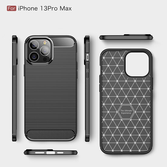 iPhone 13 Pro Max Hoesje - MobyDefend TPU Backcover - Geborstelde Metaal &amp; Carbon-Look - Zwart